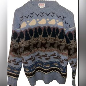 Vintage Orvis 100% Shetland Wool Woodland Lake Scene Pullover Sweater Sz 40 Lg.